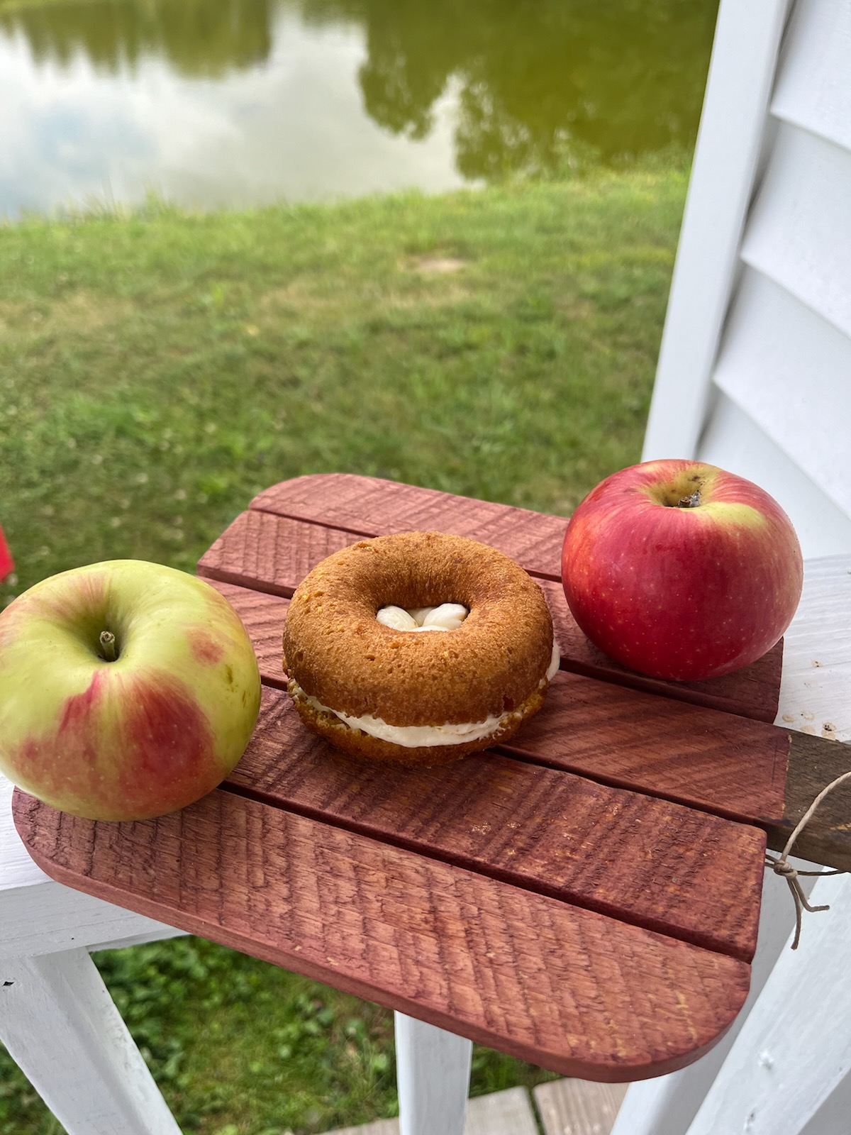 Pumpkin Donut Whoopie Pie between 2 apples